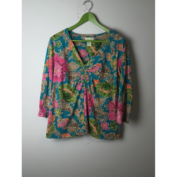 Caribbean Joe Tops - Caribbean Joe Womens XL Floral Tropical V-Neck 3/4 Sleeve Top Lattice Detail